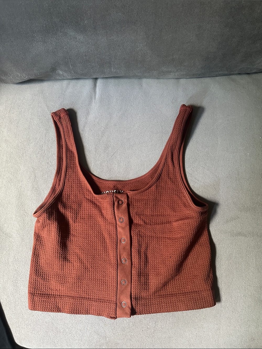 Aeropostale Rust Brown Waffle Knit Snap-Front Crop Tank